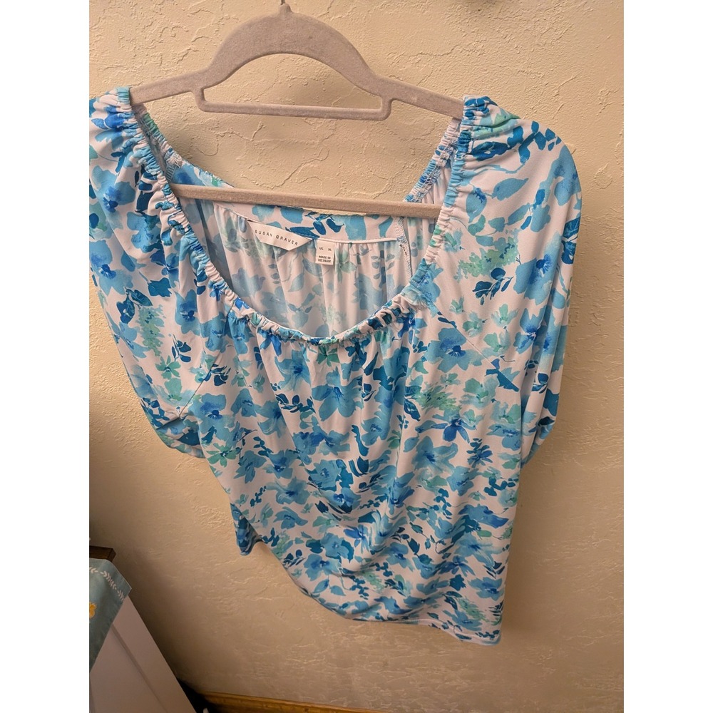 Susan Graver Blue Teal Floral Liquid Knit Puff Sleeve Blouse Womens XL Top